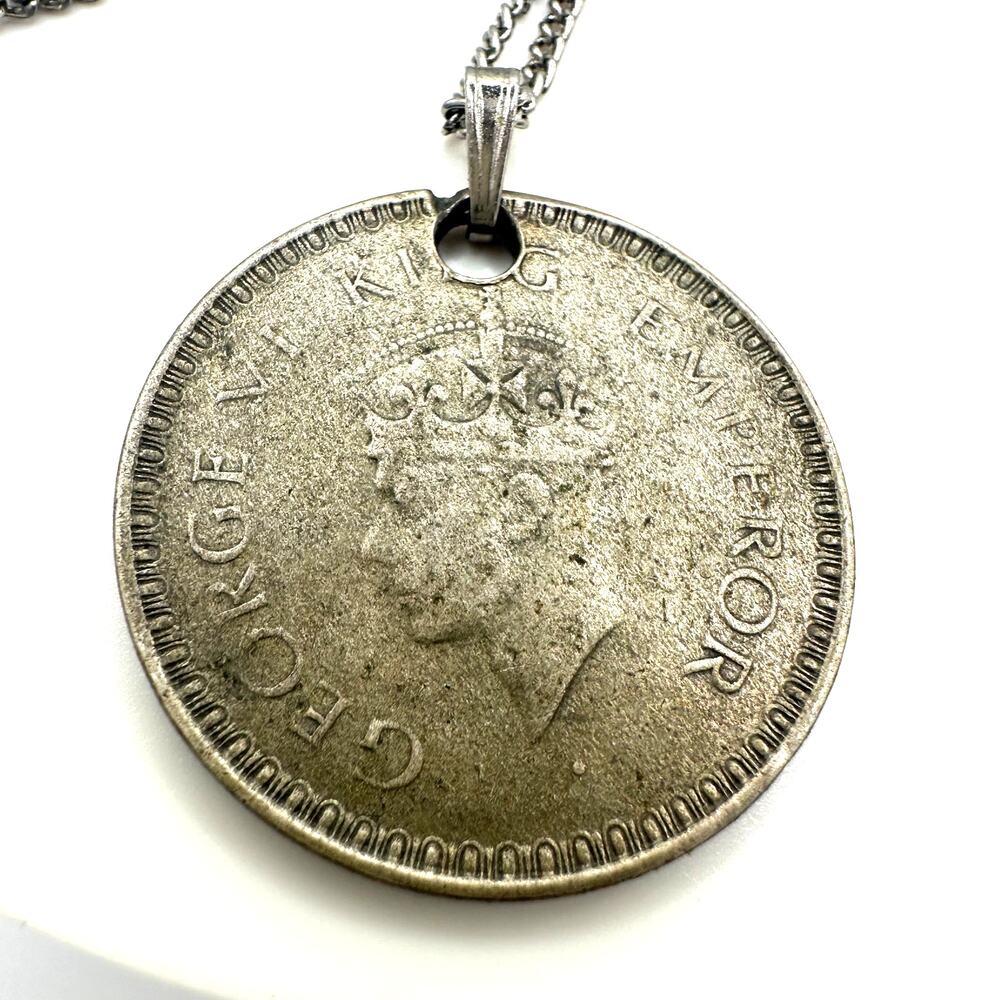 Vintage real 1944 Indian rupee 0.50% silver coin pendant 18" chain necklace